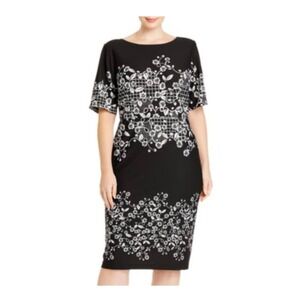Adrianna Papell Black Floral Trellis Sheath Dress Cocktail Party Career Sz 2
